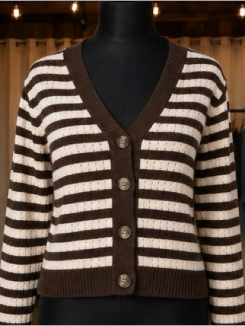 Classic Striped V-Neck Button Cardigan - Brown & Cream